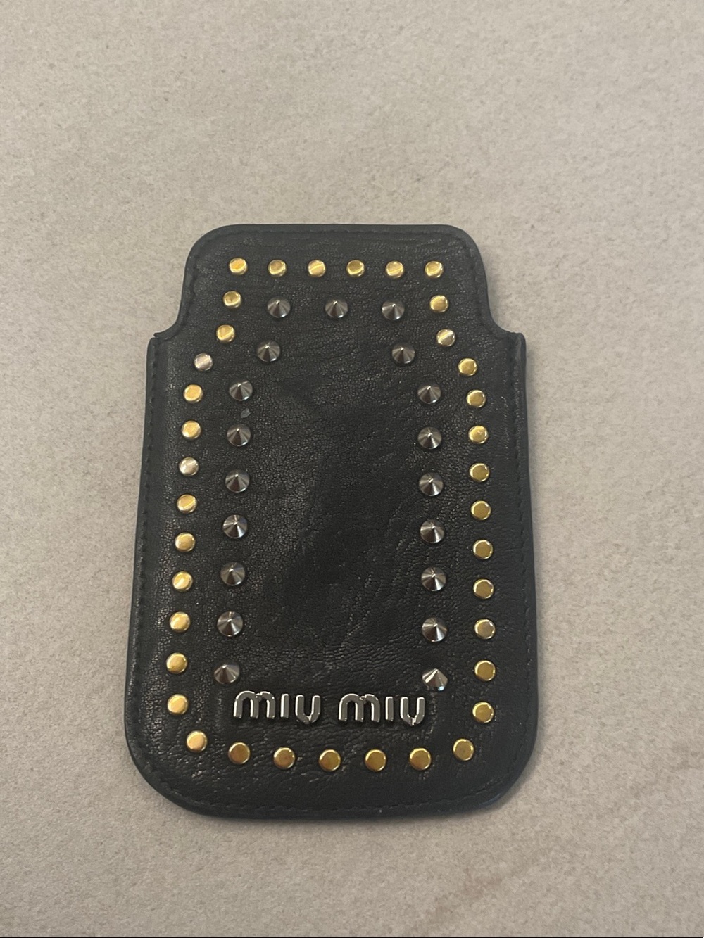 Miu Miu Black Leather Studded Phone Pouch with Gold & Silver Accents